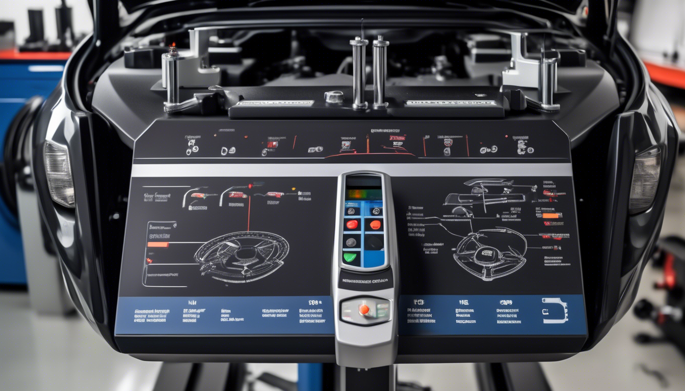 Подробная фотография машины для регулировки сход-развала с различными датчиками и инструментами для регулировки сход-развала, используемыми для регулировки и измерения углов колес автомобиля.