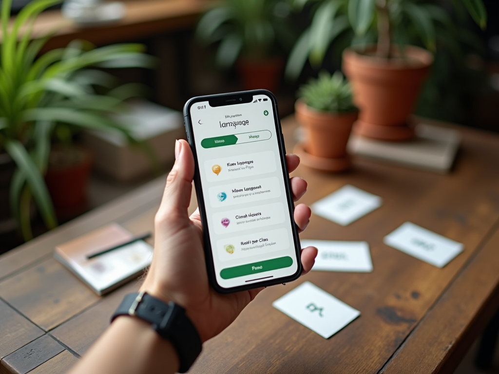 Женская рука держит смартфон с открытым приложением для изучения языков на фоне стола с растениями.