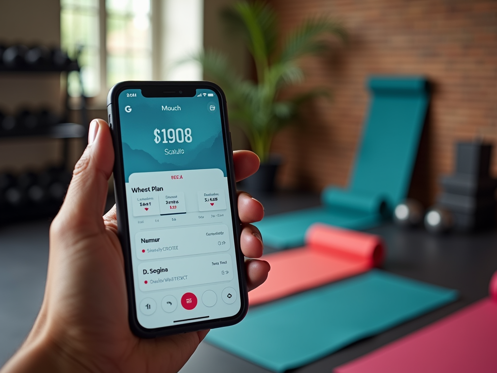 Рука держит смартфон с приложением для управления финансами на экране в тренажерном зале.