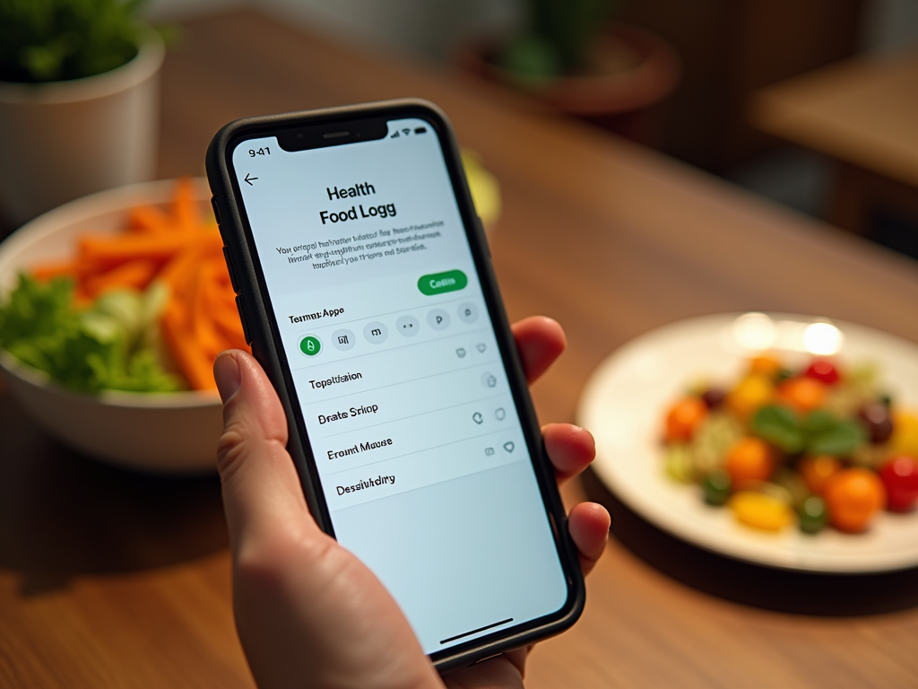 Рука держит телефон с приложением для отслеживания питания на фоне тарелки с салатом.