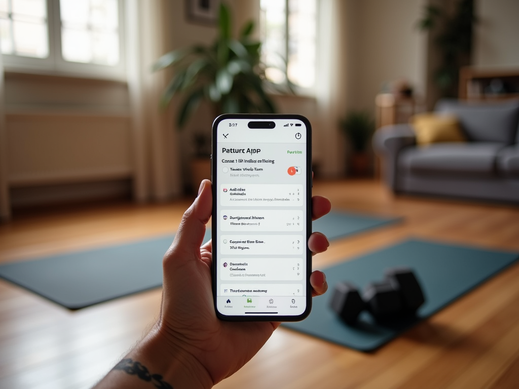 Смартфон в руке человека с открытым приложением для управления упражнениями на фоне комнаты с гантелями.